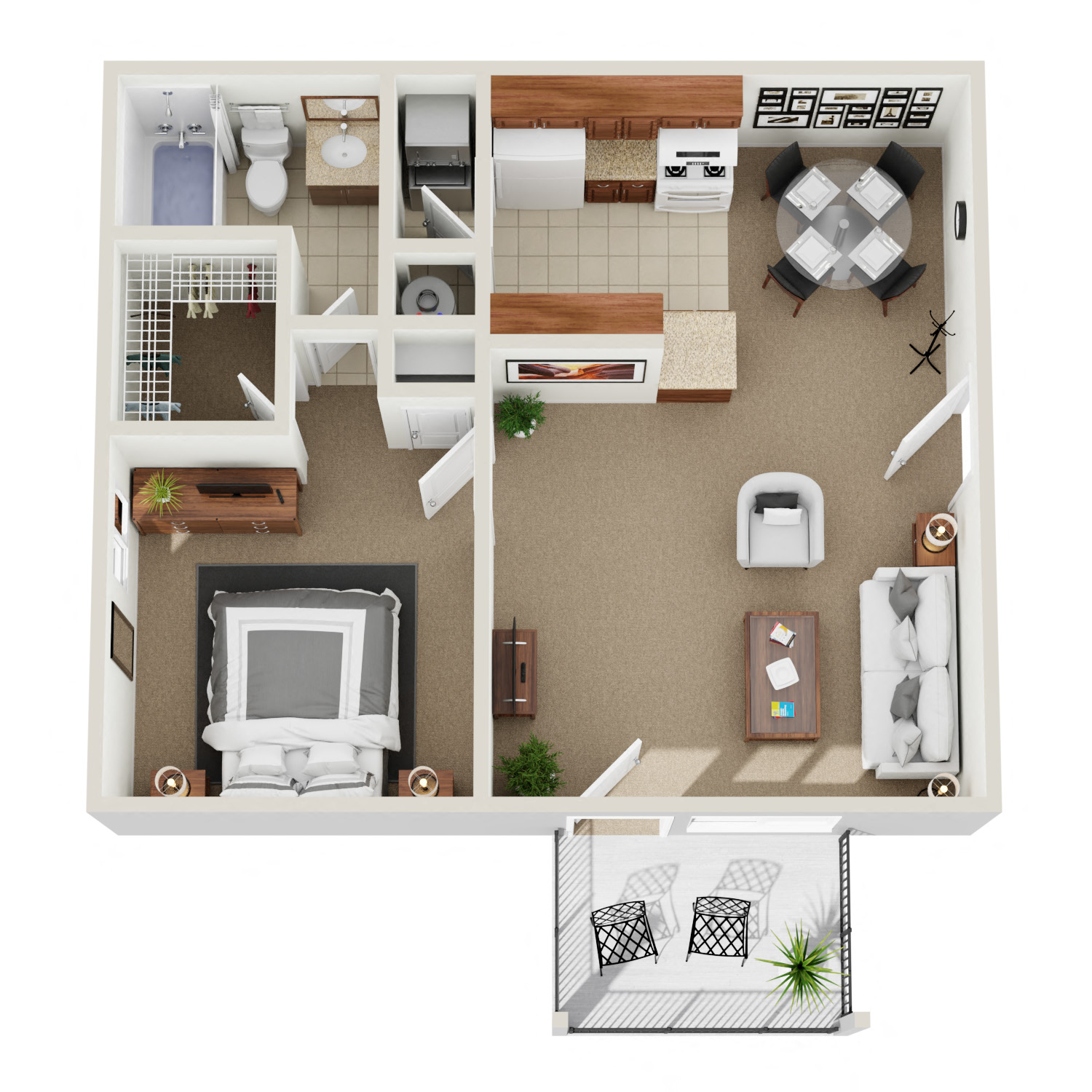 Floor plan for 1 bed, 1 bath, 613 sqft